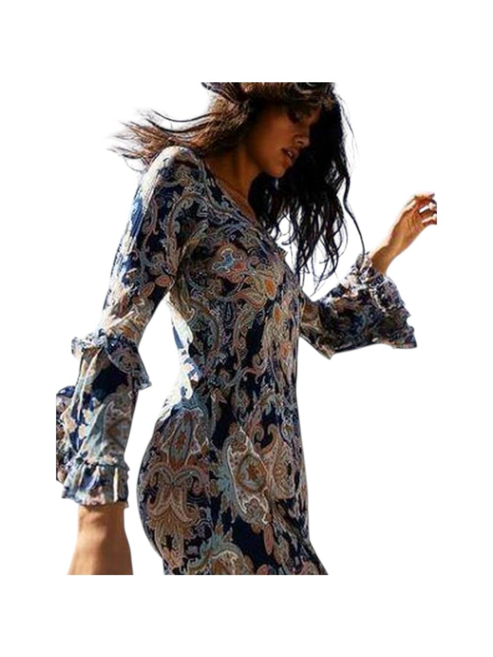 One Season Australia Fez Royal Dress Midi Bell Sleeve Ruffle Paisley Blue Medium